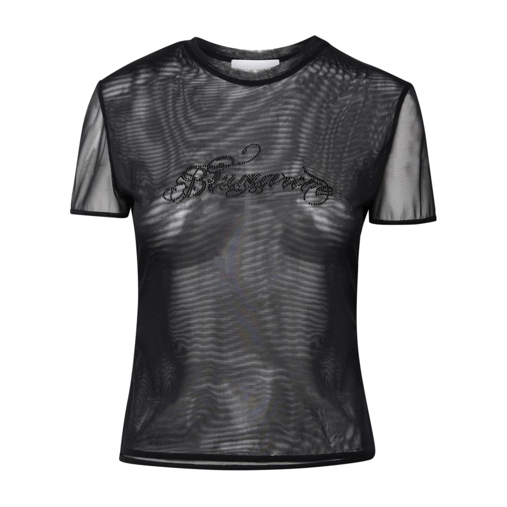 Blumarine Rhinestone Logo Tulle T-Shirt Black Dames