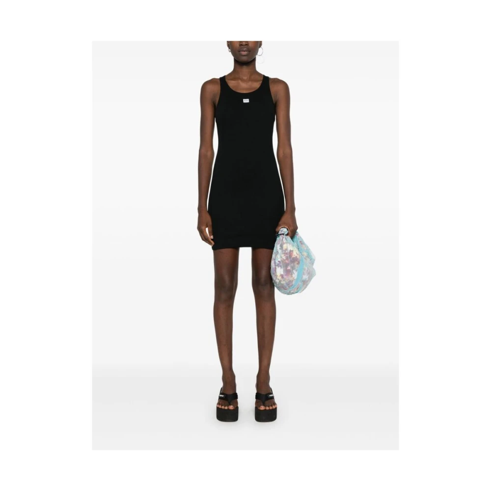 Moschino Zwarte Katoenen Geribbelde Logo Patch Jurk Black Dames