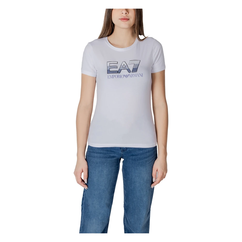 Emporio Armani Ea7 Women's White T-Shirts,, Chic Print Short Sleeve T-Shirt Extra Small
