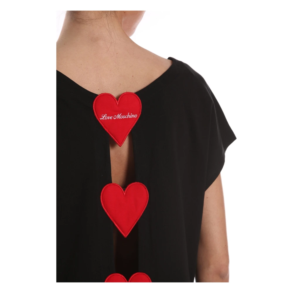 Love Moschino Zwart Katoenen T-Shirt met Geborduurde Hartjes Black Dames