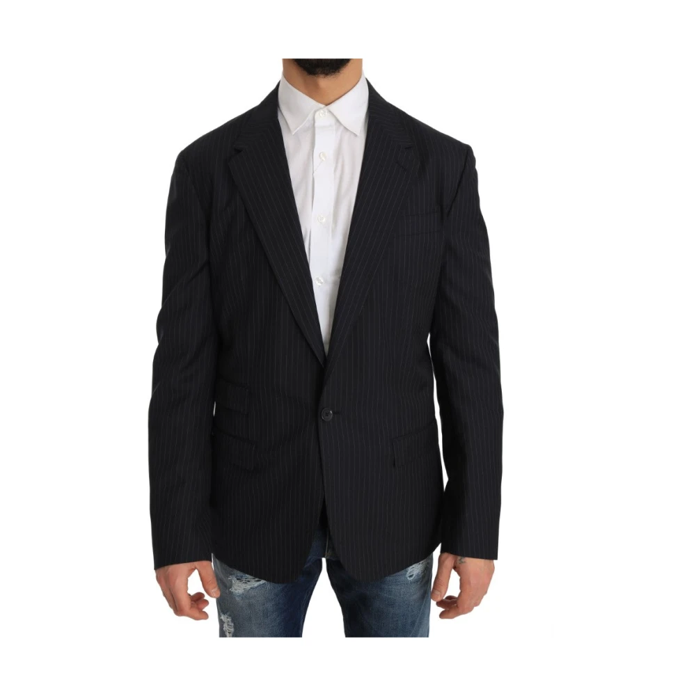 Dolce & Gabbana Men's Black Blazers,, Elegant Slim Fit Striped Wool Silk Blazer Large