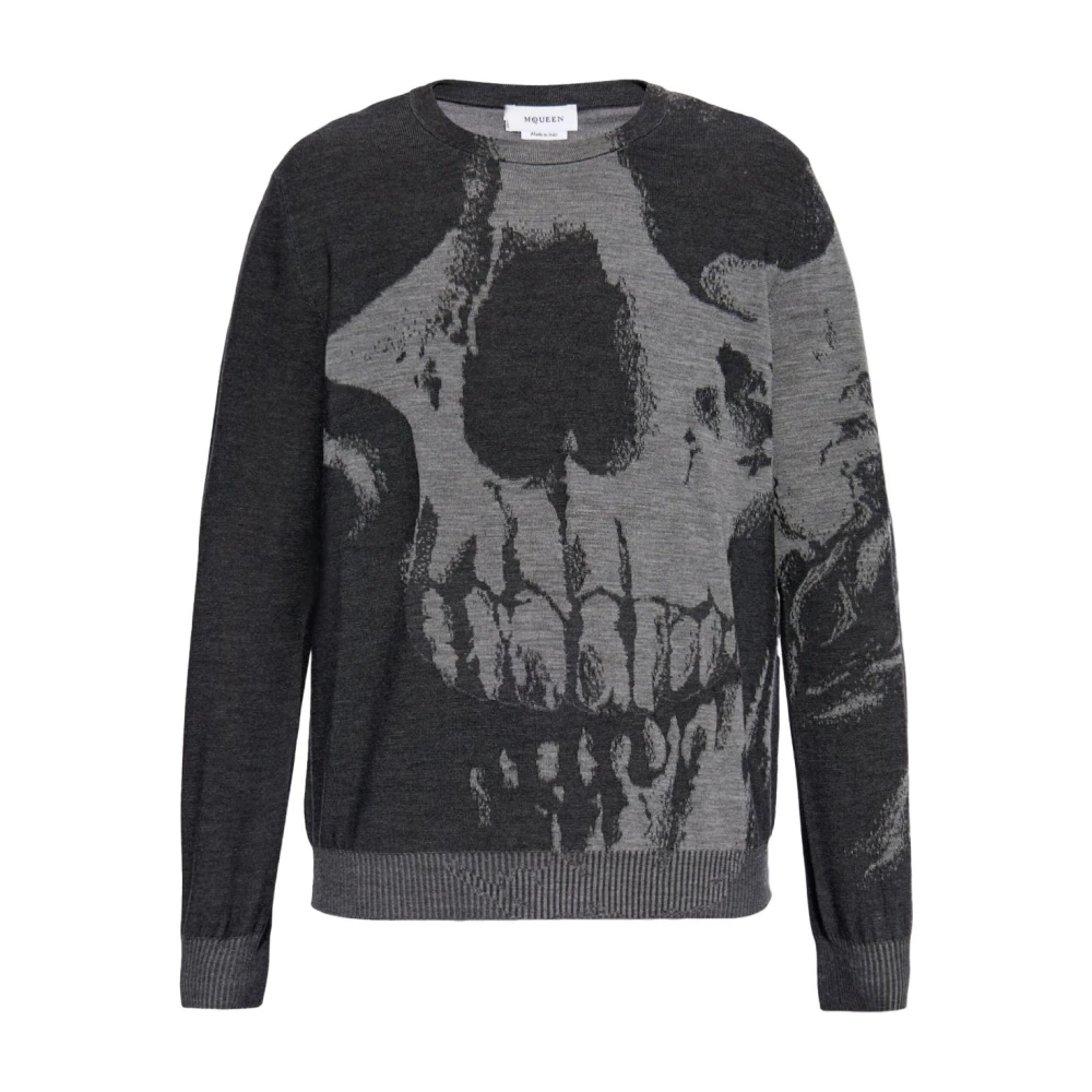 Alexander Mcqueen Men's Gray Round-Neck Knitwear, S, Skull Jumper