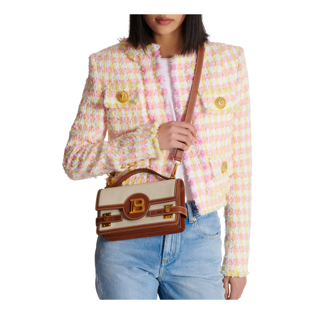 Balmain B-Buzz 24 canvas en leren tas Beige Dames