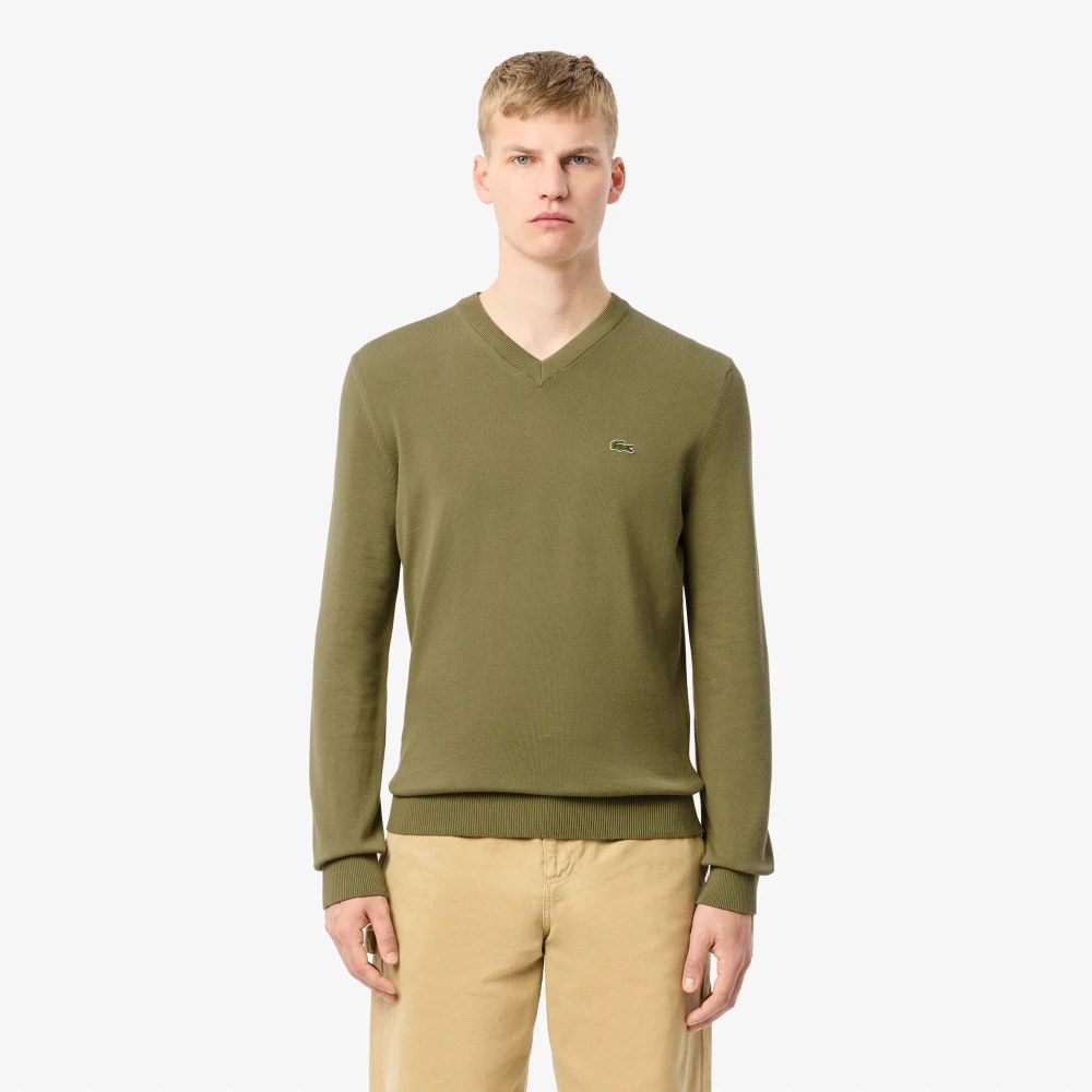 Lacoste V-hals Katoenen Trui in Khaki Green Heren