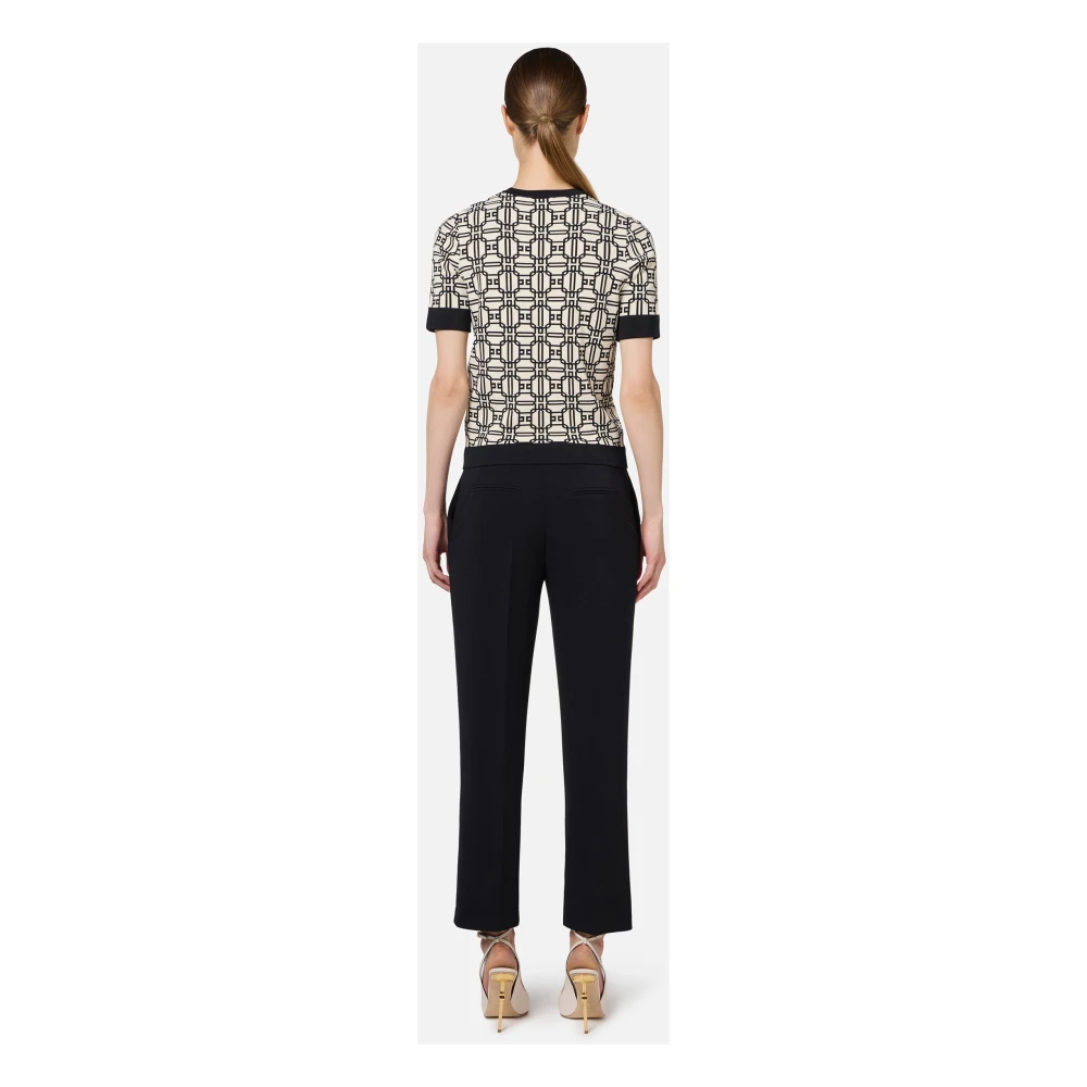 Elisabetta Franchi Zwarte Rechte Crepe Broek met Gouden Logo Black Dames
