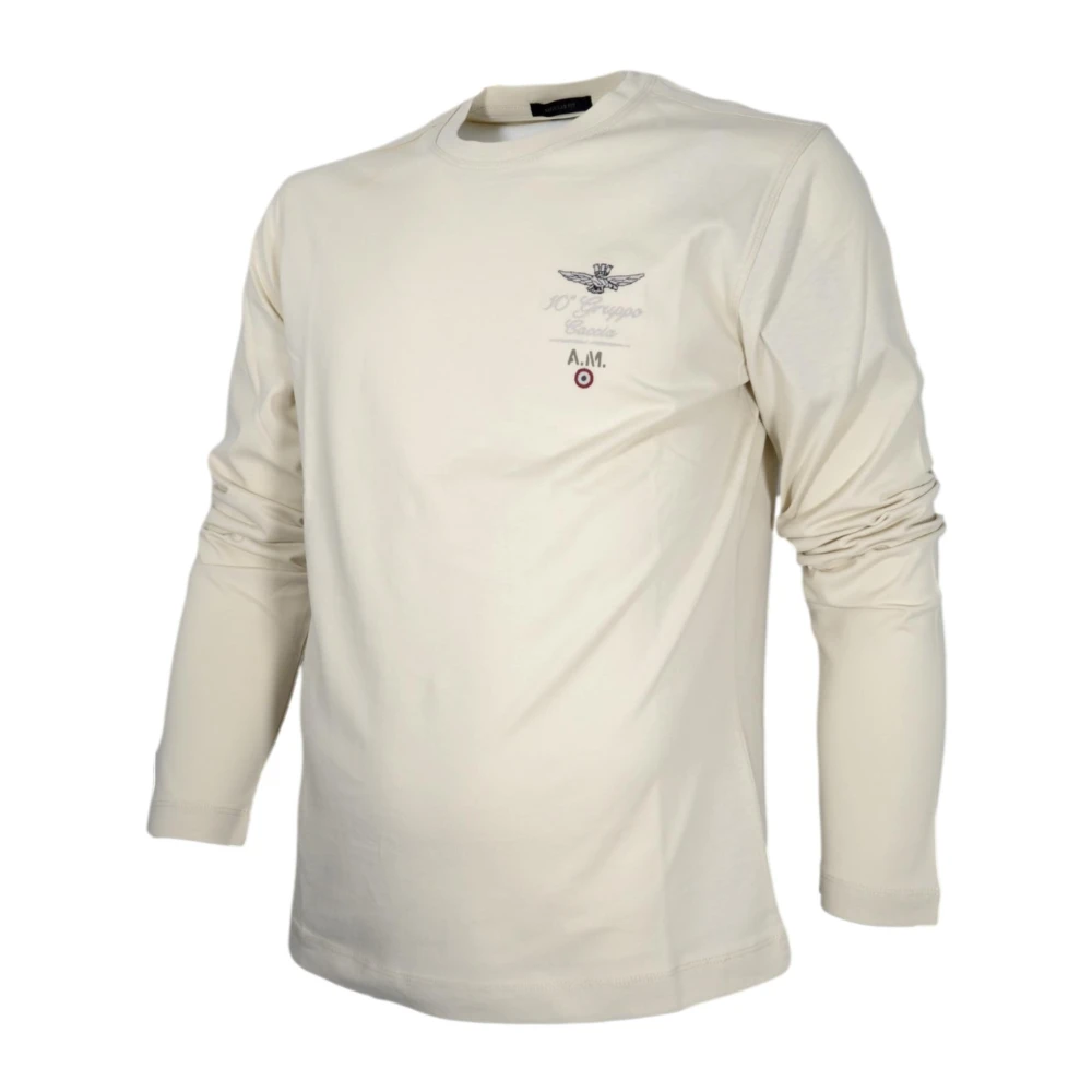 aeronautica militare Lange Mouw Geborduurd Jersey T-Shirt Ivoor Beige Heren