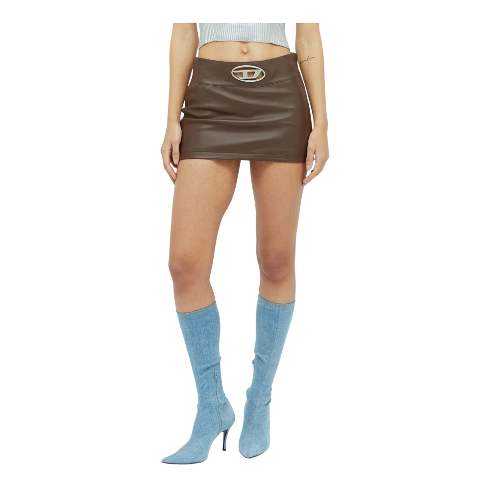 Diesel Leren Mini Rok met Logo Plaque Brown Dames