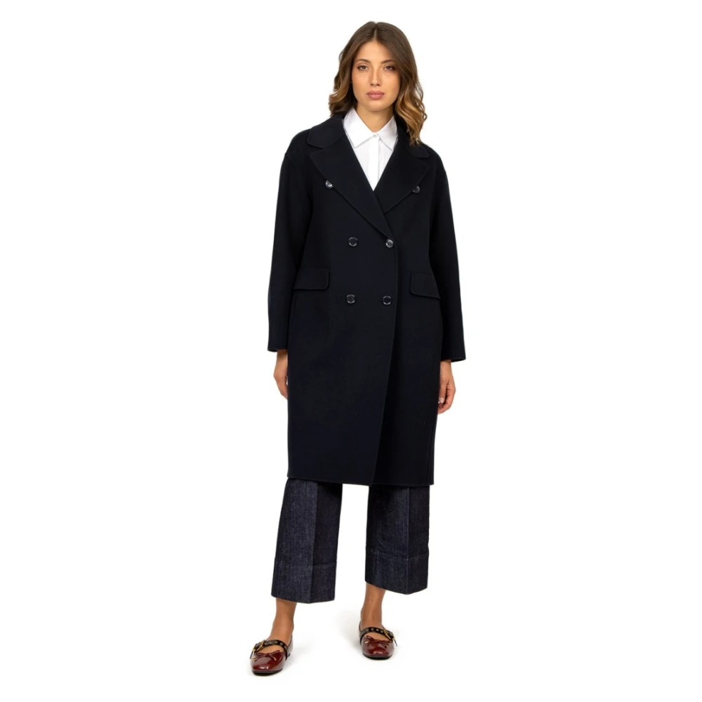 Max Mara Blauwe Wol Double-Breasted Midi Jas Blue Dames