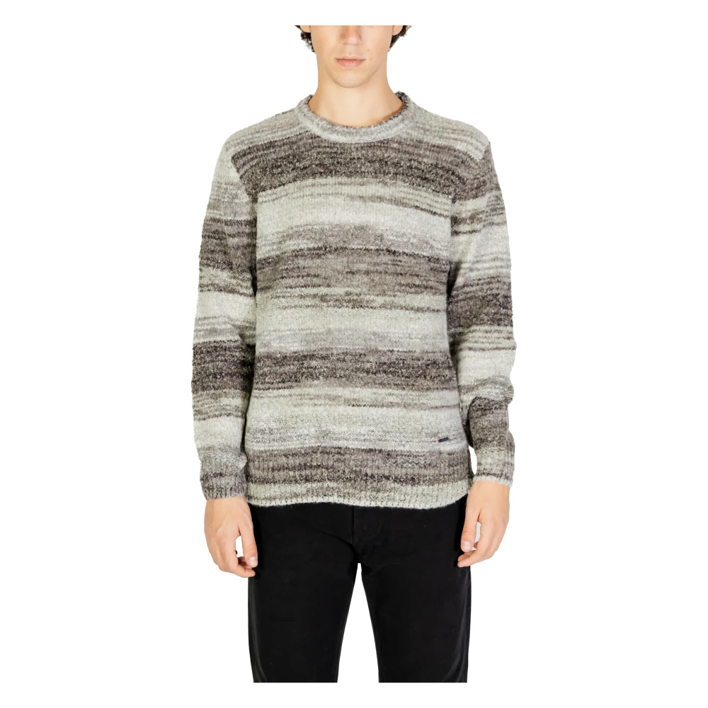 Gianni Lupo Men's Gray Round-Neck Knitwear, 3XL, Striped Knit Jumper Fall/Winter Grey