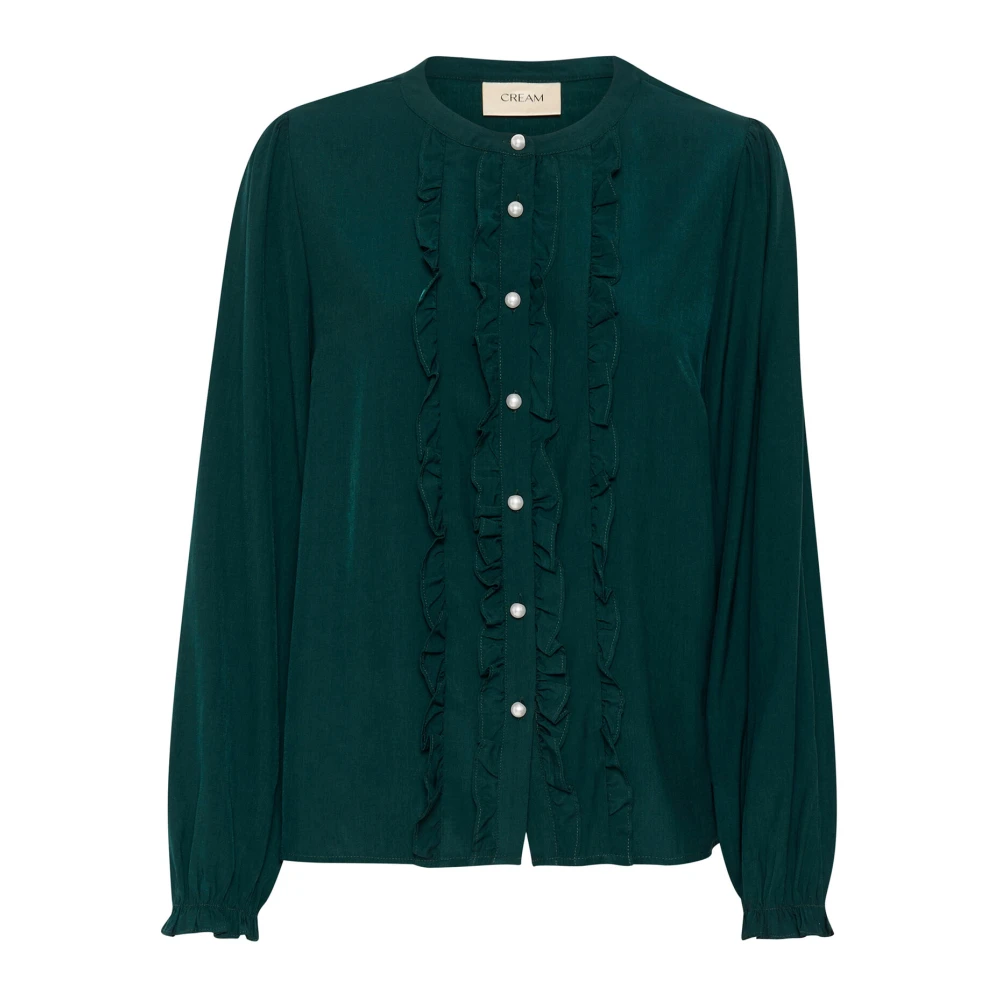 Cream Ruche Mandarin Kraag Blouse Ponderosa Pine Green Dames