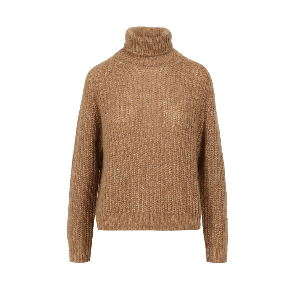 Herno Alpaca Blend Sequin Trui Hoge Kraag Brown Dames