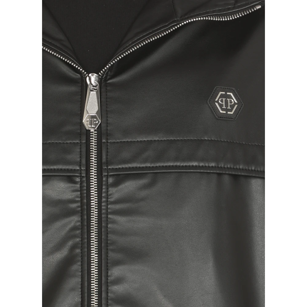 Philipp Plein Zwarte Synthetisch Leren Hoodie Jas Black Heren
