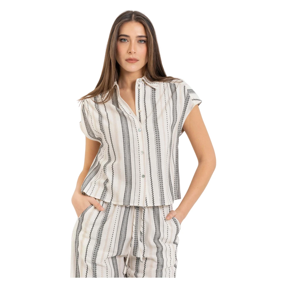 Kocca Women's Beige Stylish Striped Cropped Blouse - Shirts - Xs - Blouses & Shirts