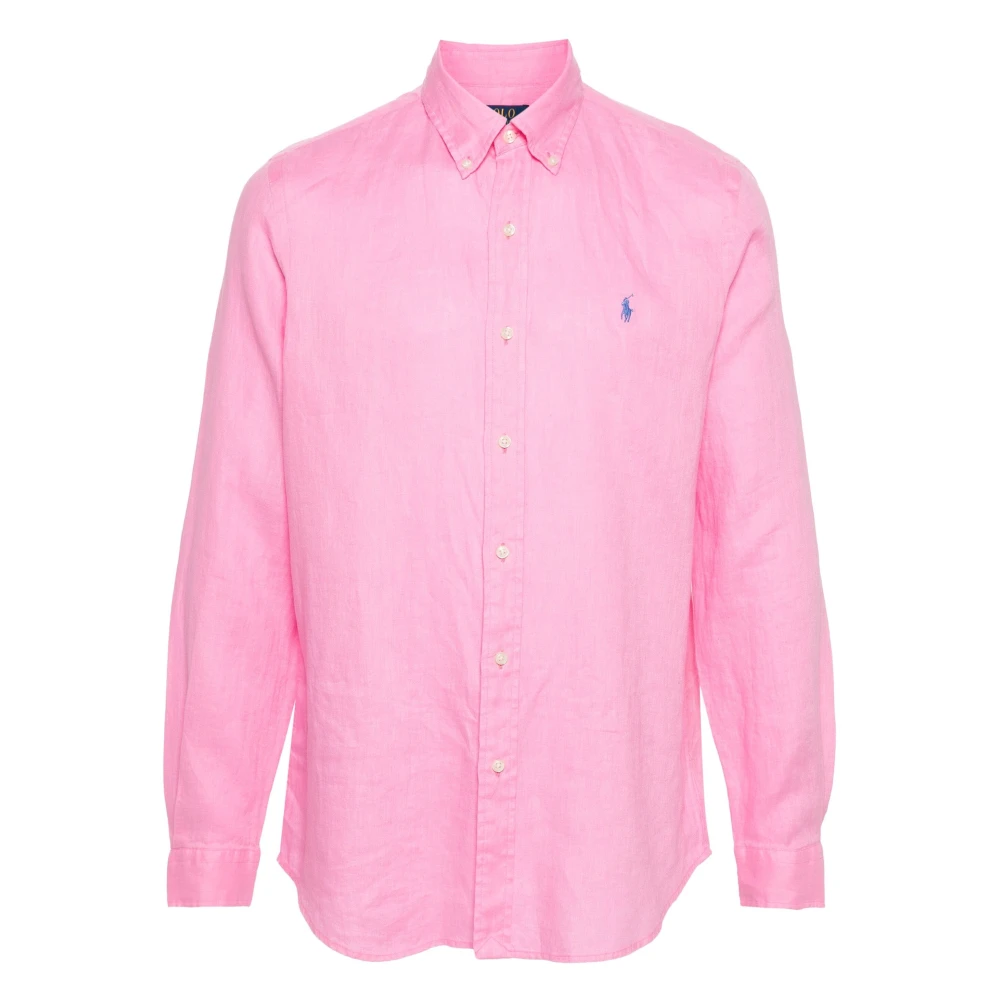 Ralph Lauren Geborduurd Linnen Overhemd Pink Heren