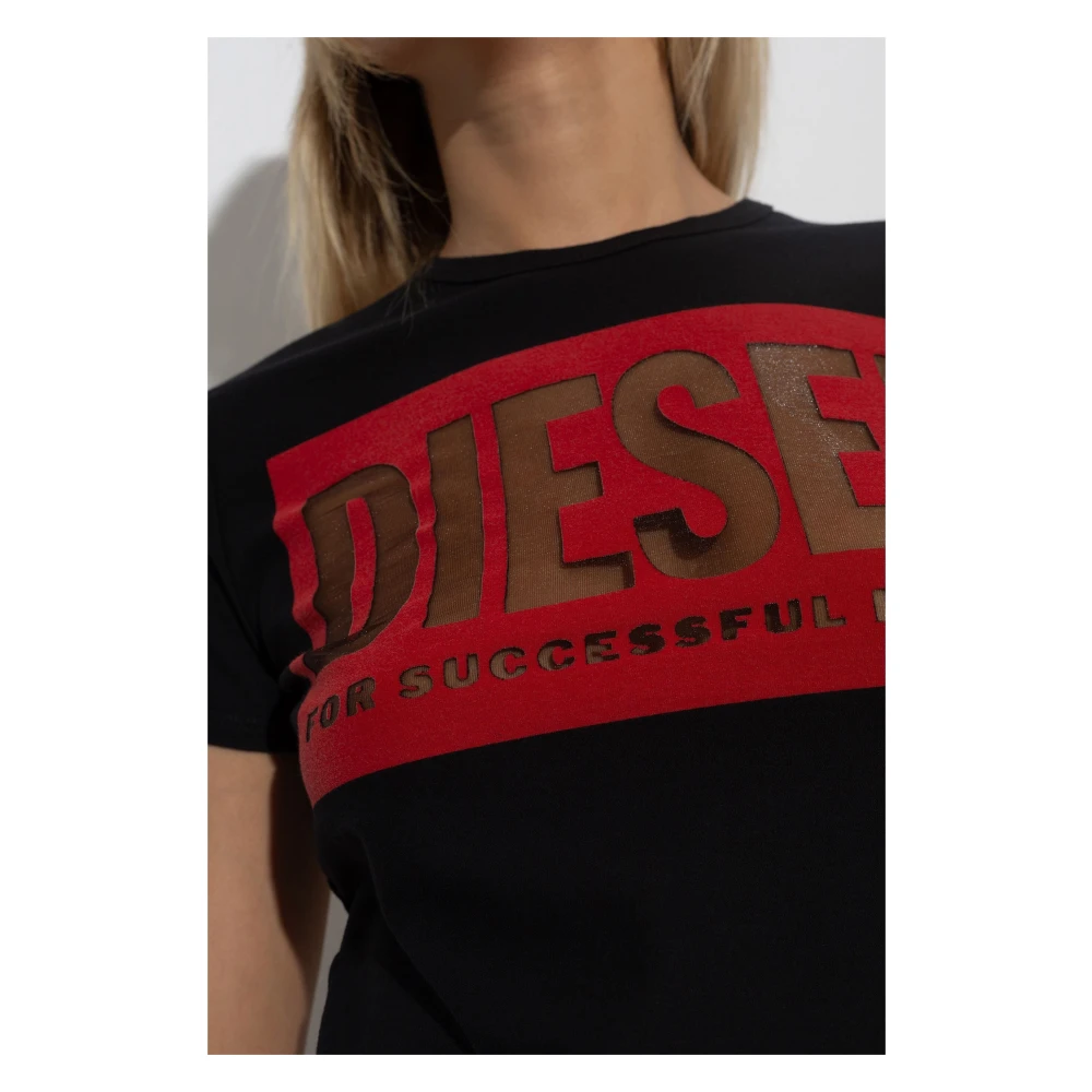 Diesel Zwart T-shirt met Semi-transparante Print Black Dames