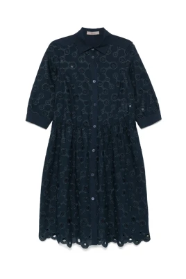 Navy Blue Broderad Midi Klänning