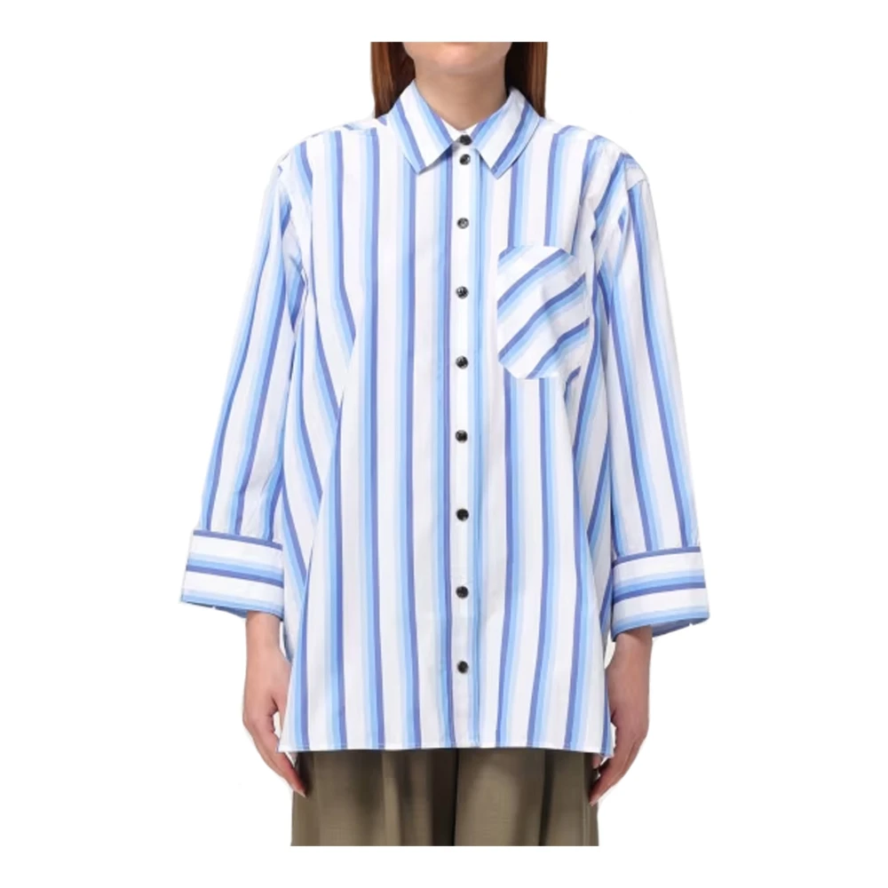 Ganni Gestreept Katoenen Overhemd met Logodetail Blue Dames