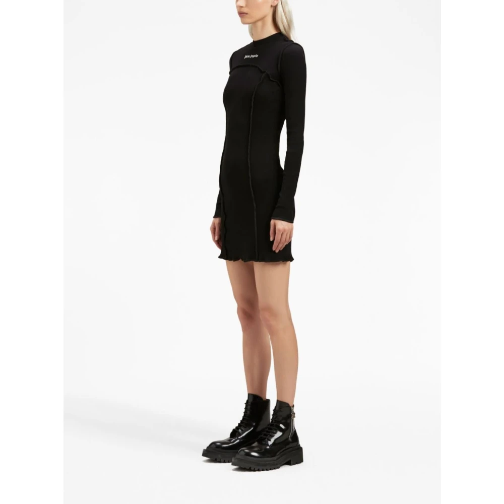 Palm Angels Zwarte Logo-Geborduurde Geribbelde Minijurk Black Dames