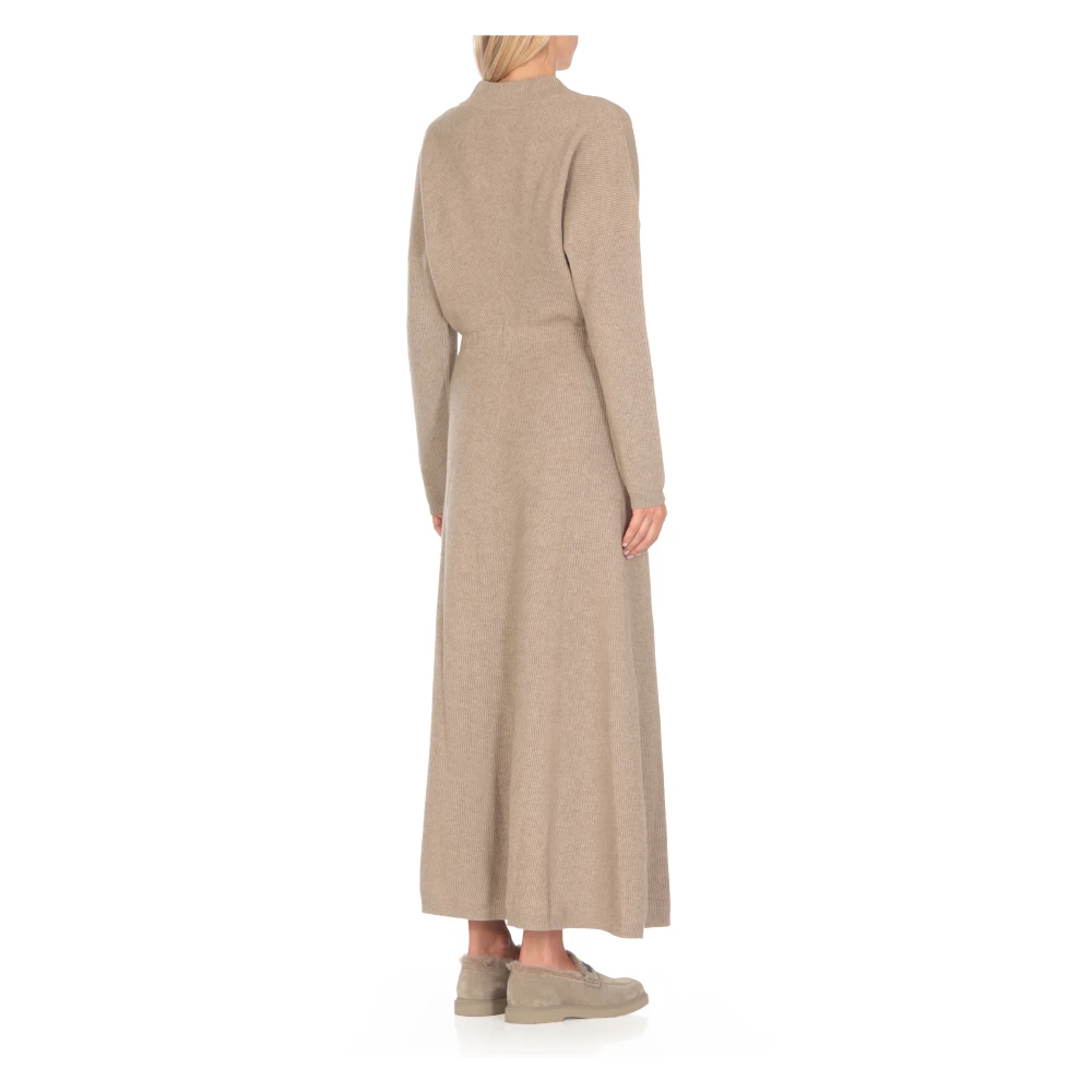BRUNELLO CUCINELLI Bruine Kasjmier Jurk V-Hals Geribbeld Patroon Brown Dames
