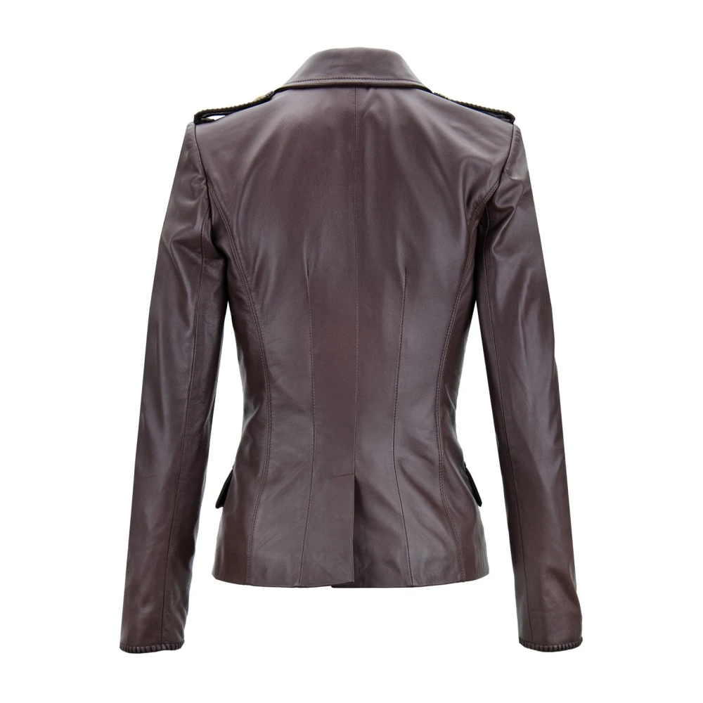 Elisabetta Franchi Double-breasted leren blazer met gouden knopen Brown Dames