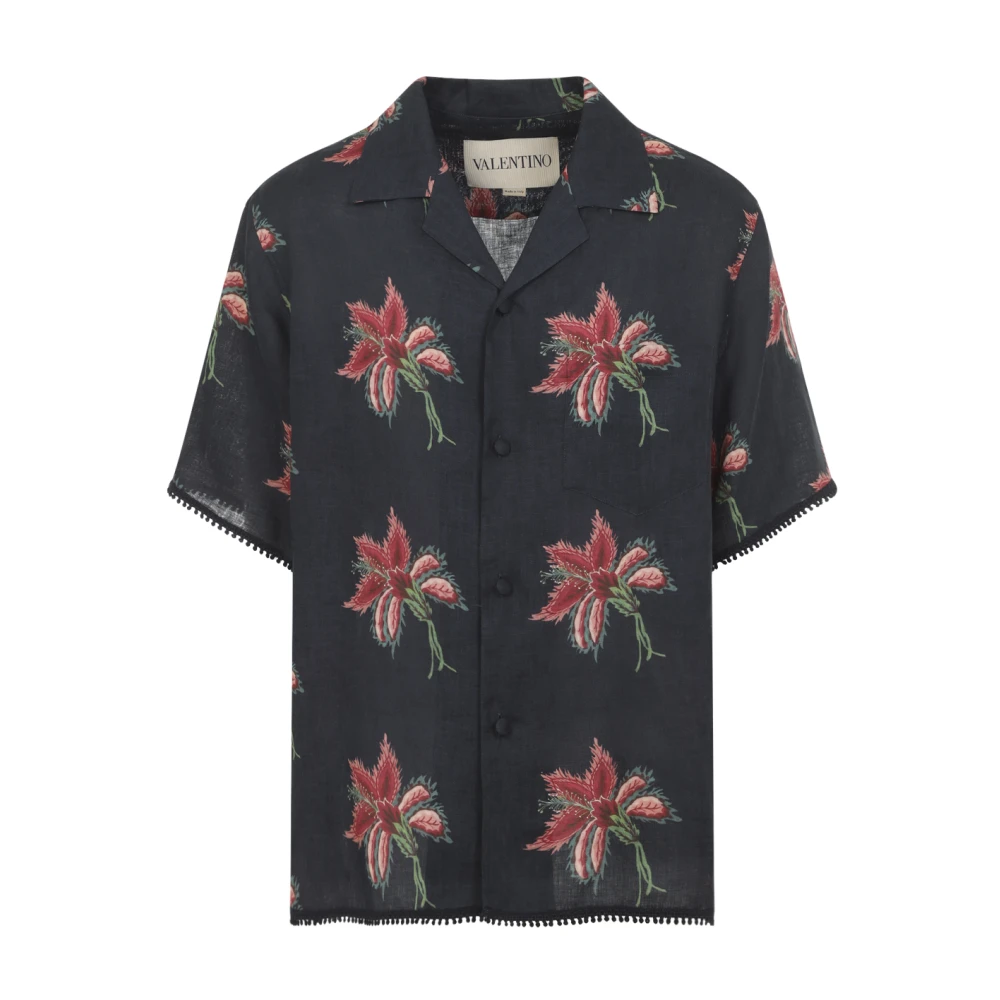 Valentino Men's Black Linen Bowling Shirt With Papier Floral Print - Short Sleeve Shirts - 2XL - Shirts