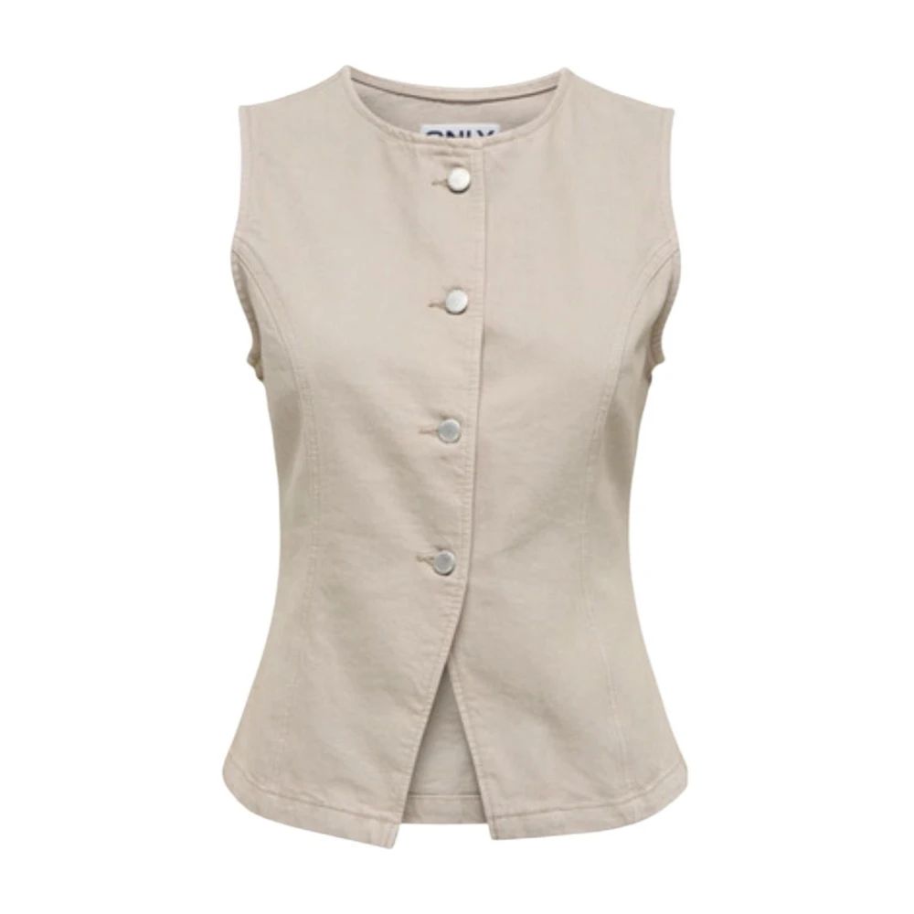 Only Kvinno Beige Jackor Dam, Xs, Bomull, Ärmlös Bomullsväst Med Knappknäppning