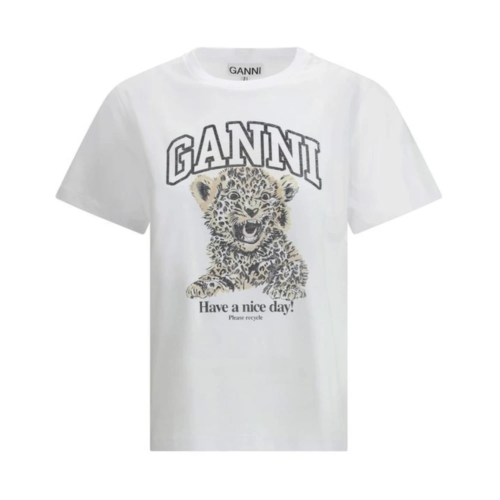 Ganni Luipaardprint Crew Neck T-Shirt White Dames
