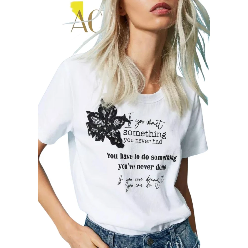 Twinset Handgeborduurd Katoenen T-shirt met Contrast Print White Dames