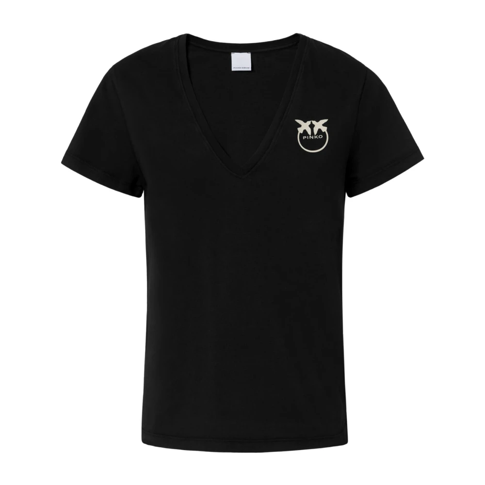 Pinko Korte mouw V-hals logo tee Black Dames