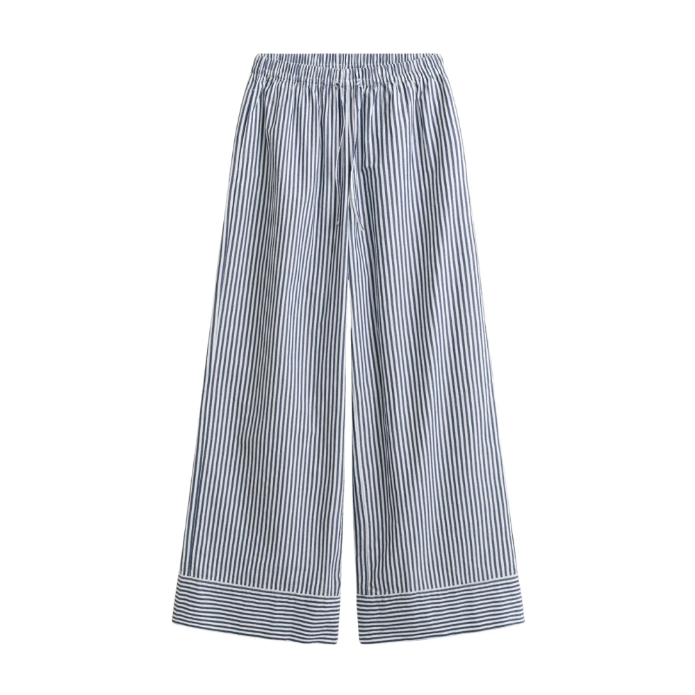 Gant Women's Blue Striped Poplin Wide Trousers - Wide Trousers - M - Trousers