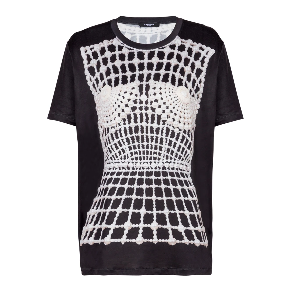 Balmain Losse T-shirt met nepborduurwerkprint Black Dames