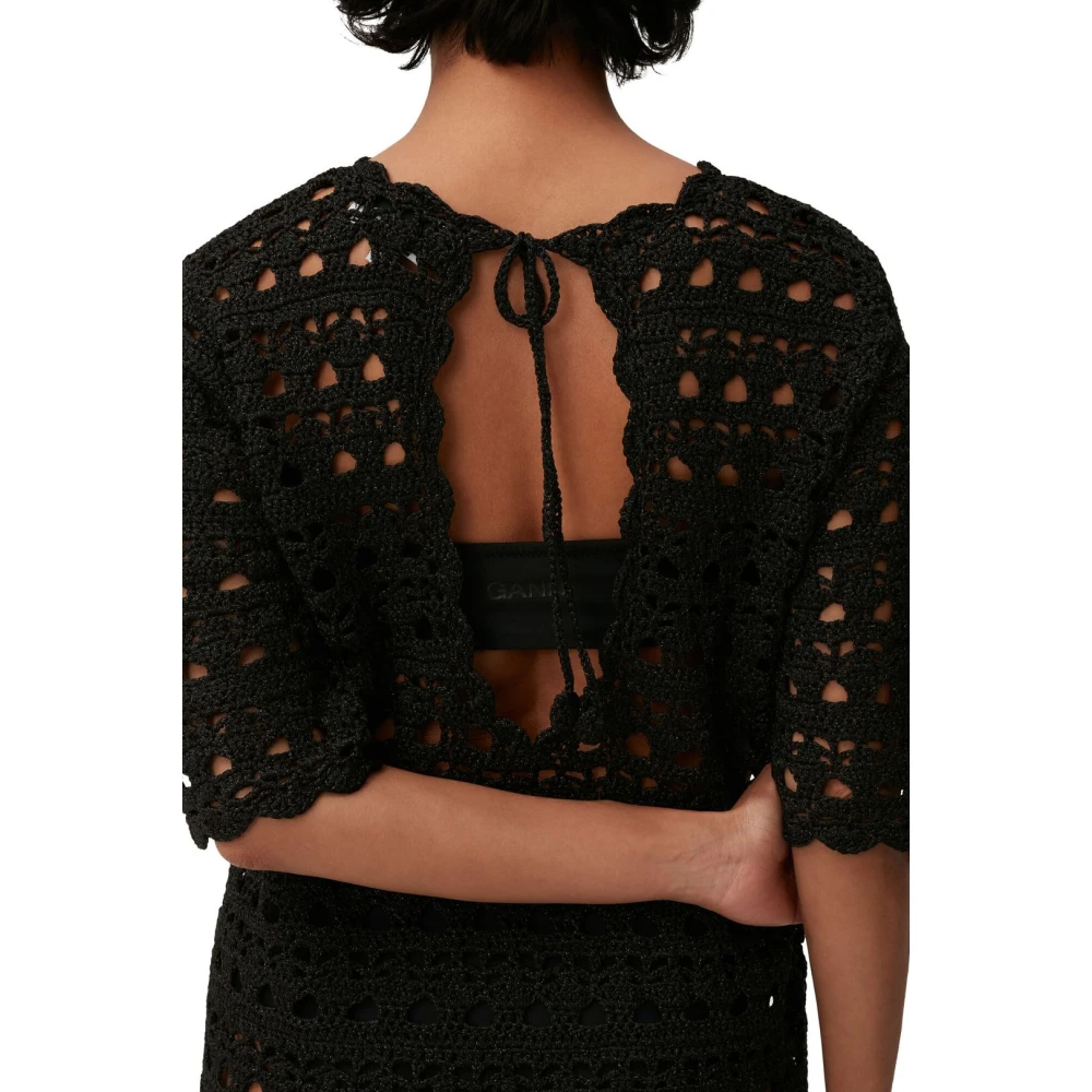 Ganni Gehaakte Mini Jurk met Open Rug Black Dames