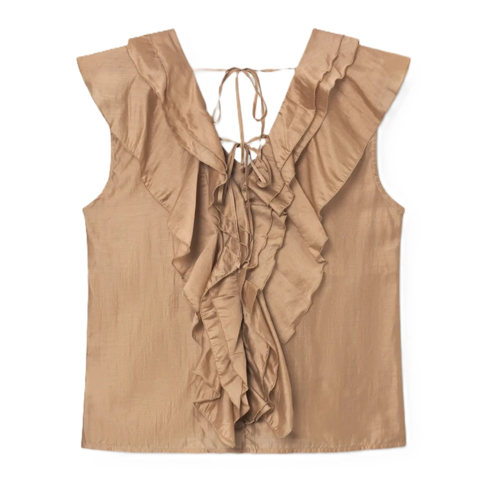 SoSUE Ruffle Top met V-hals en Ruches Beige Dames