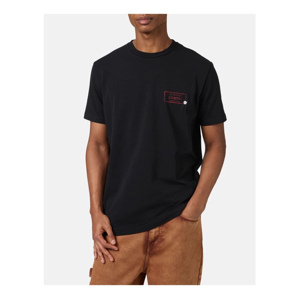 Iceberg Slim-fit zwart stretch katoenen T-shirt met Poppy-print Black Heren