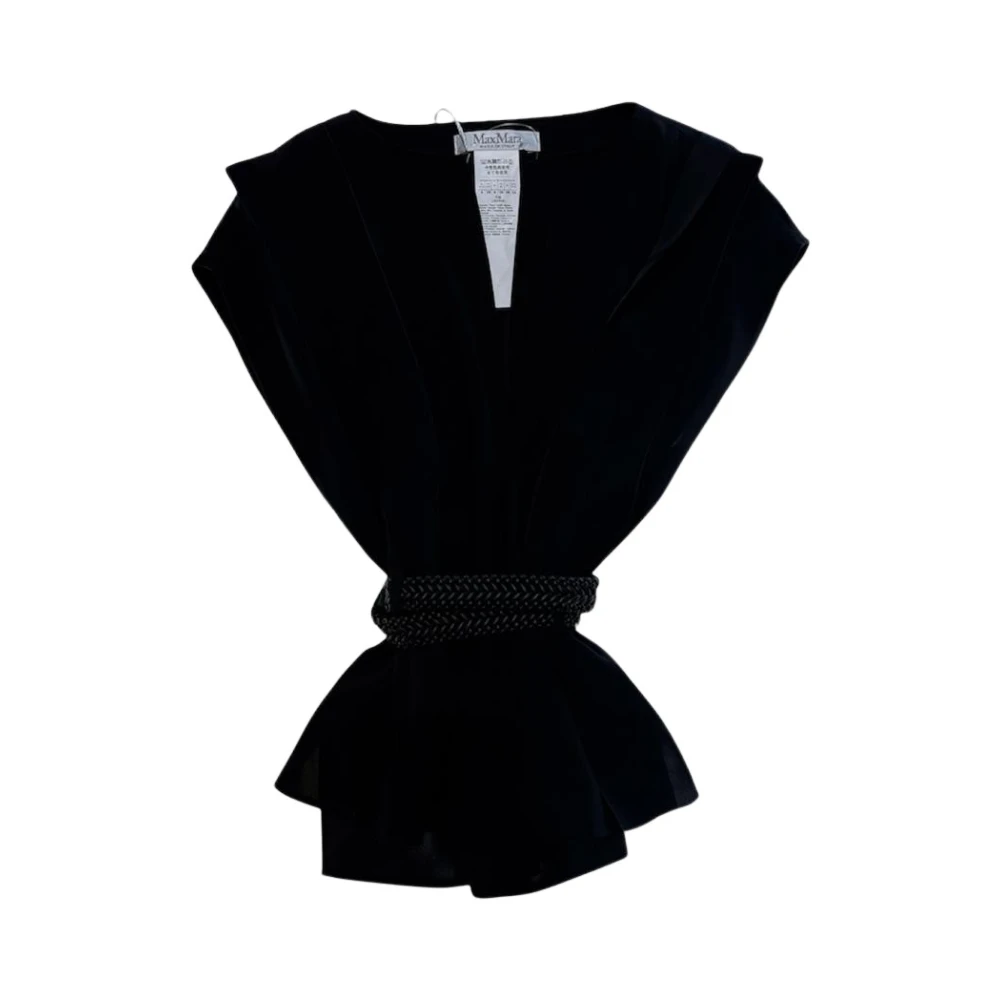 Max Mara Women's Black Sleeveless Tops, Xs, Mxmabete Belted V-Neck Blouse