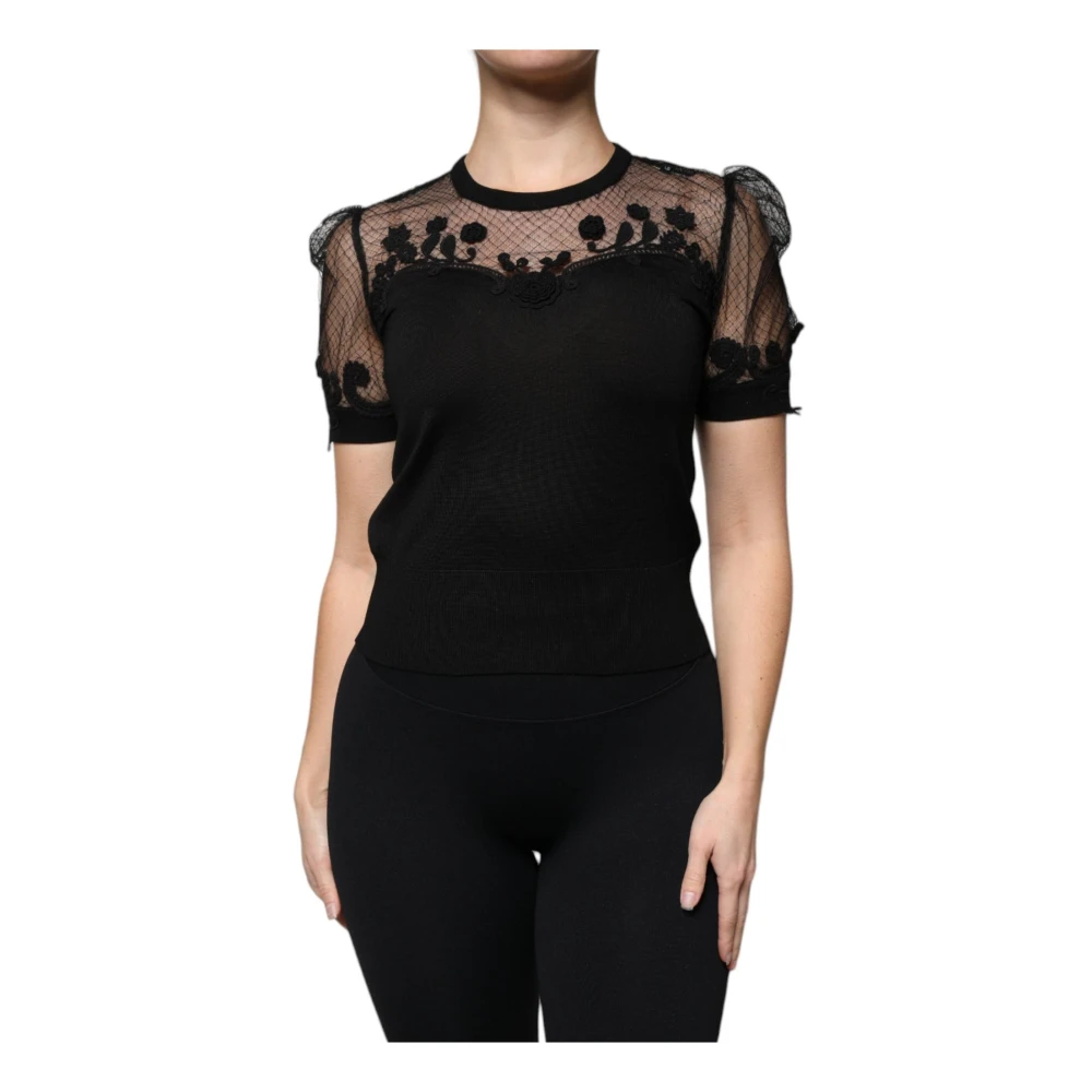 Dolce & Gabbana Women's Black Blouses, 2XS, Floral Lace Silk Blend Blouse