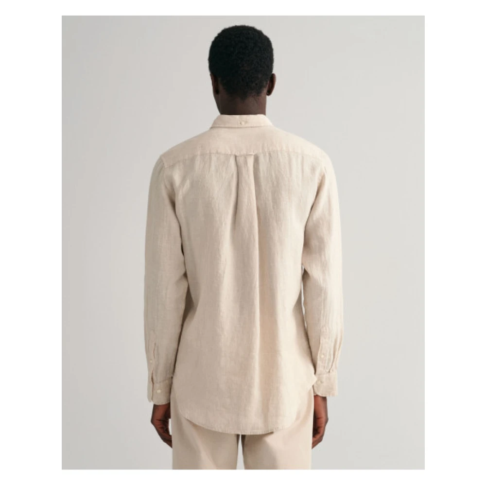 Gant Reguliere Linnen Overhemd met Geborduurd Logo Beige Heren