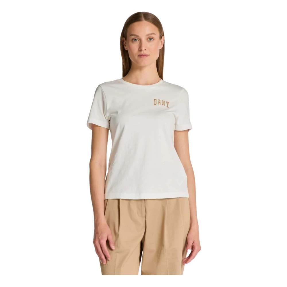 Gant Logo Detail Crew Neck T-shirt Beige Dames