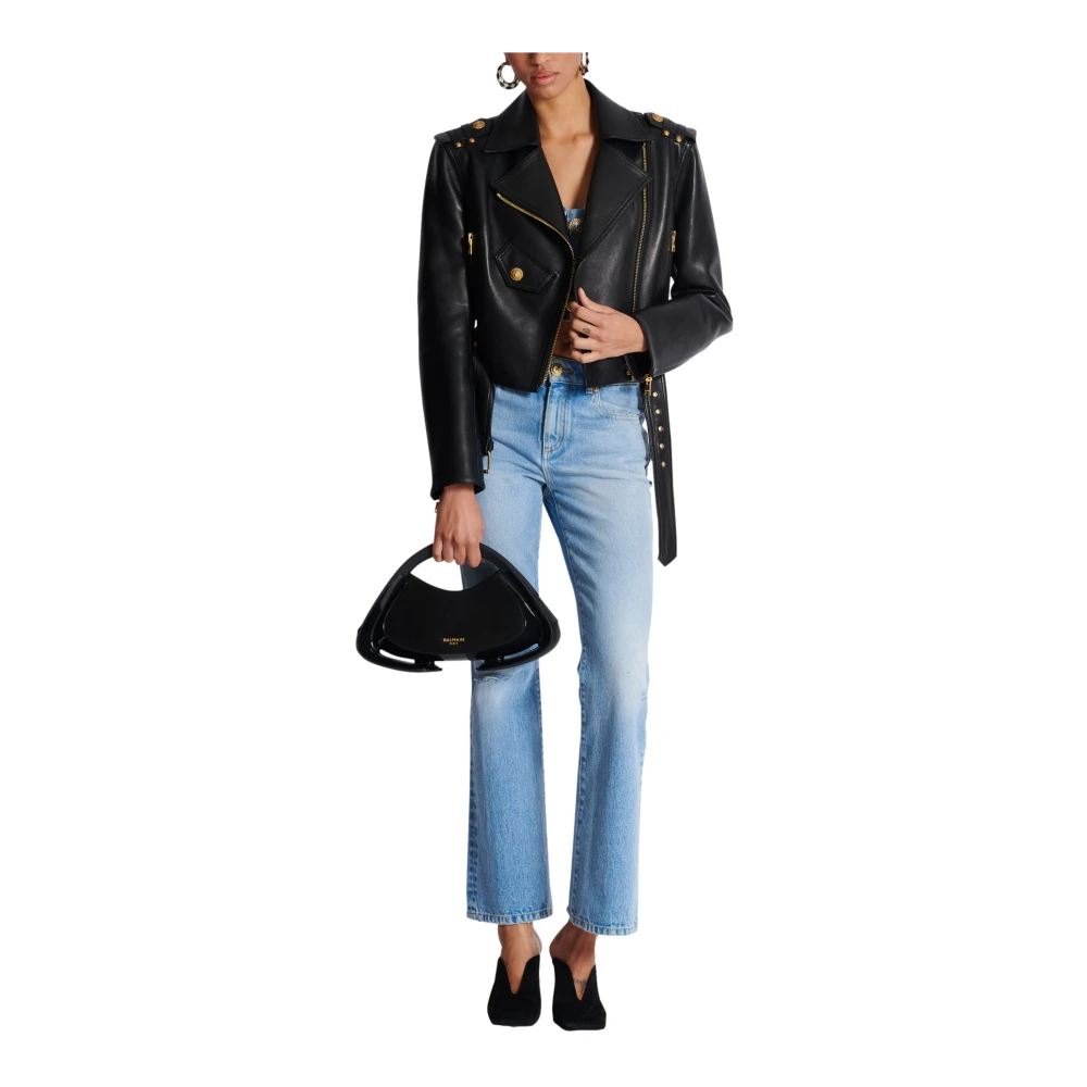 Balmain Leren bikerjack met rits Black Dames