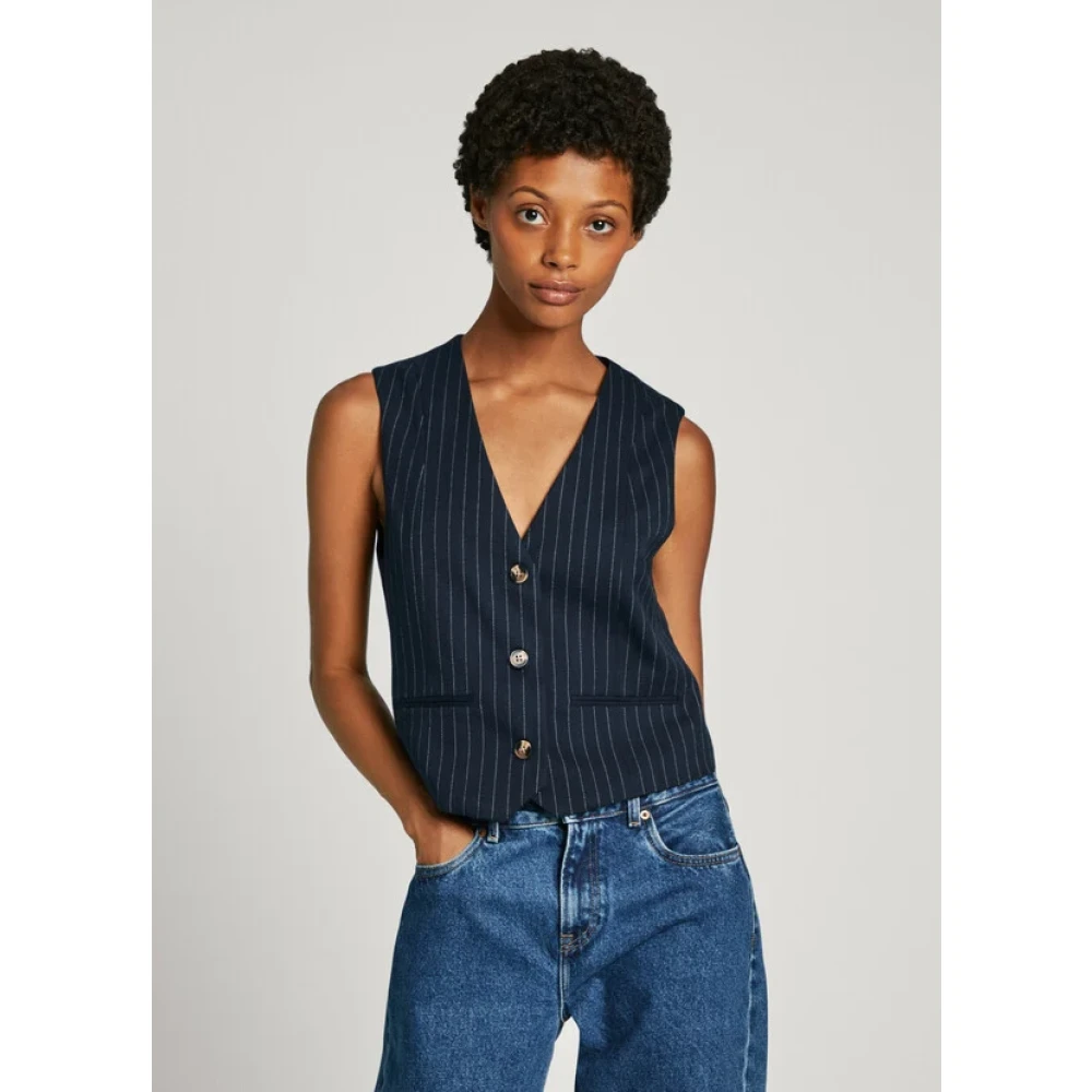 Pepe Jeans Diana Vest met V-hals en Gestreepte Print Blue Dames