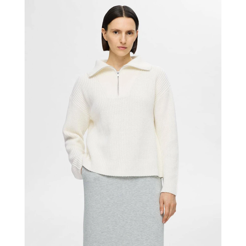 Selected Femme Zwarte Pullover Bloomie Half Zip Beige Dames