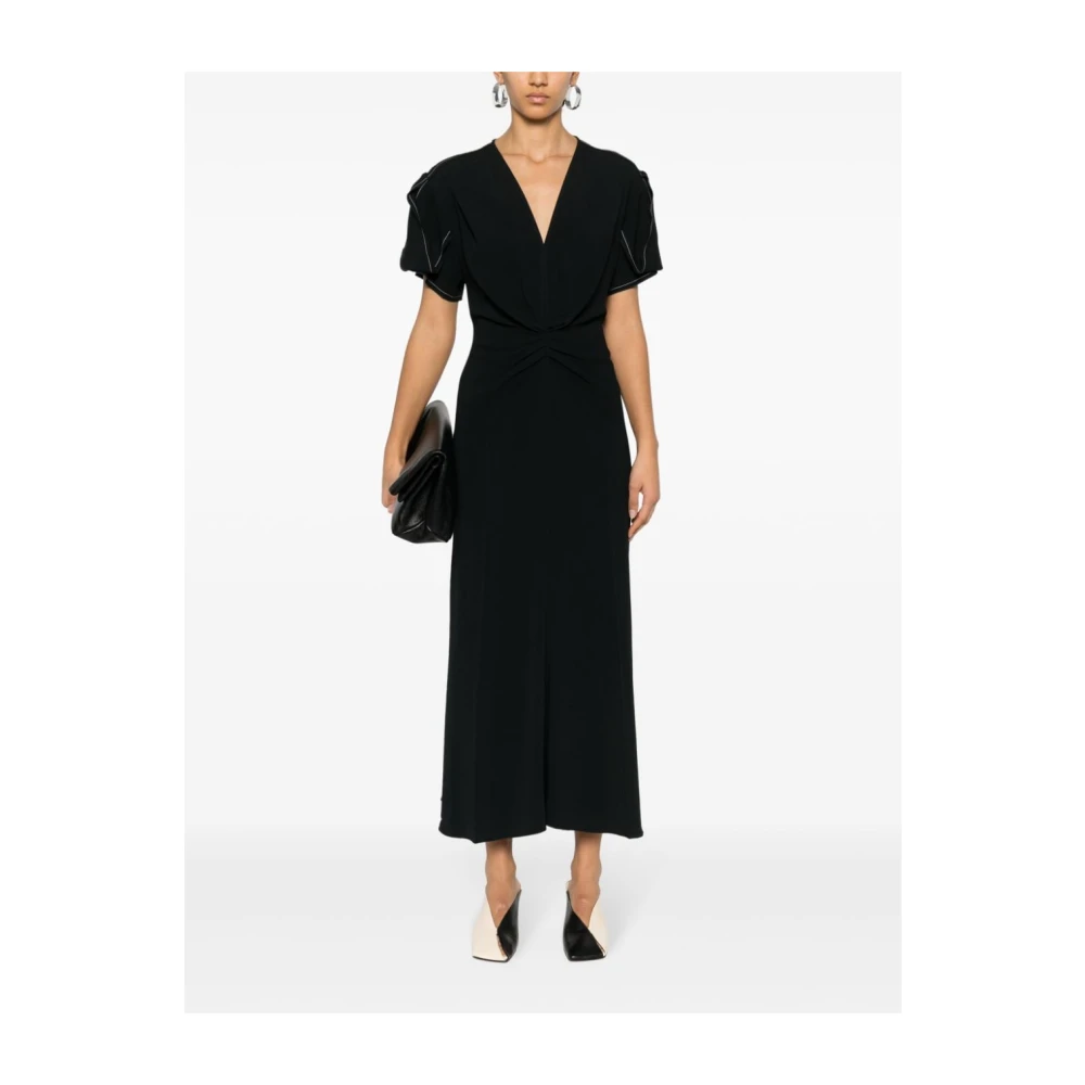 Victoria Beckham Zwarte Jurk met V-Hals en Wijdvallende Rok Black Dames