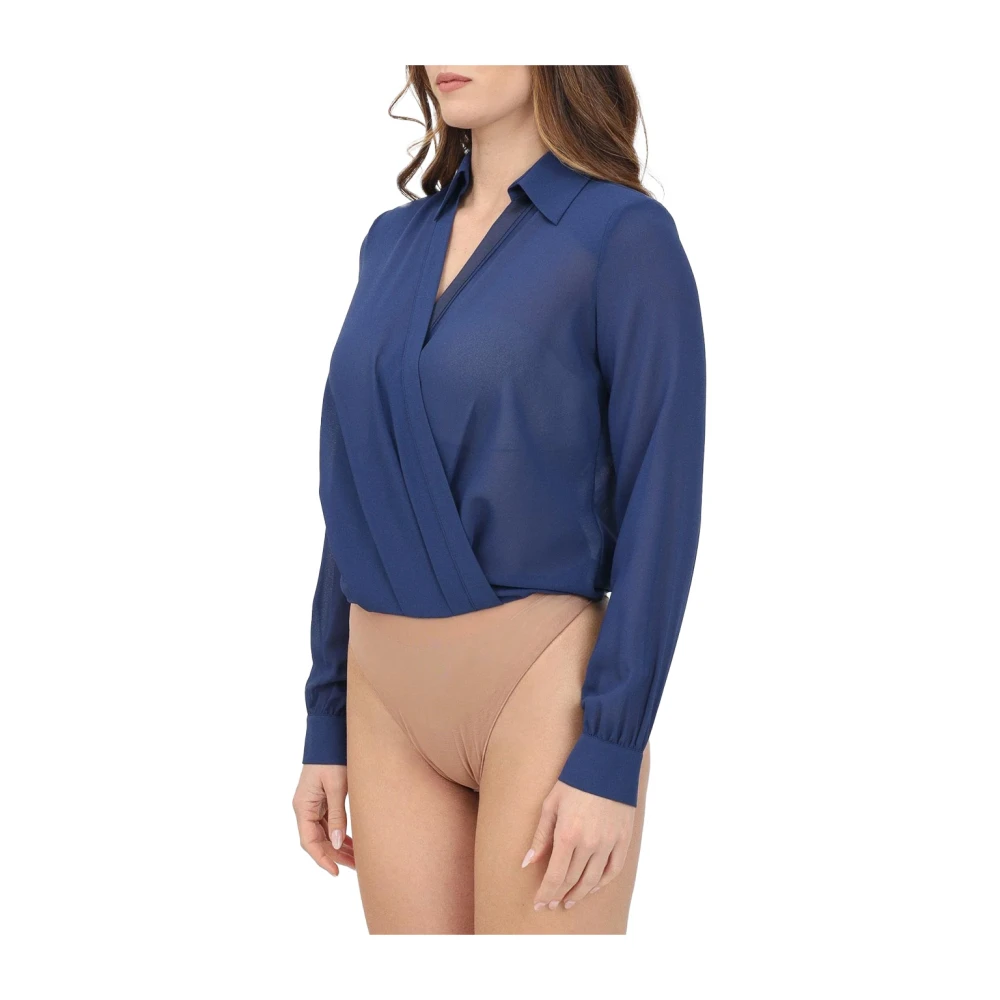 Elisabetta Franchi Georgette Body met Lange Mouwen en Ruches Blue Dames