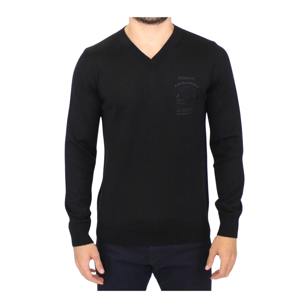 Ermanno Scervino Men's Black V-Neck Knitwear,, Elegant V-Neck Wool Blend Jumper Medium