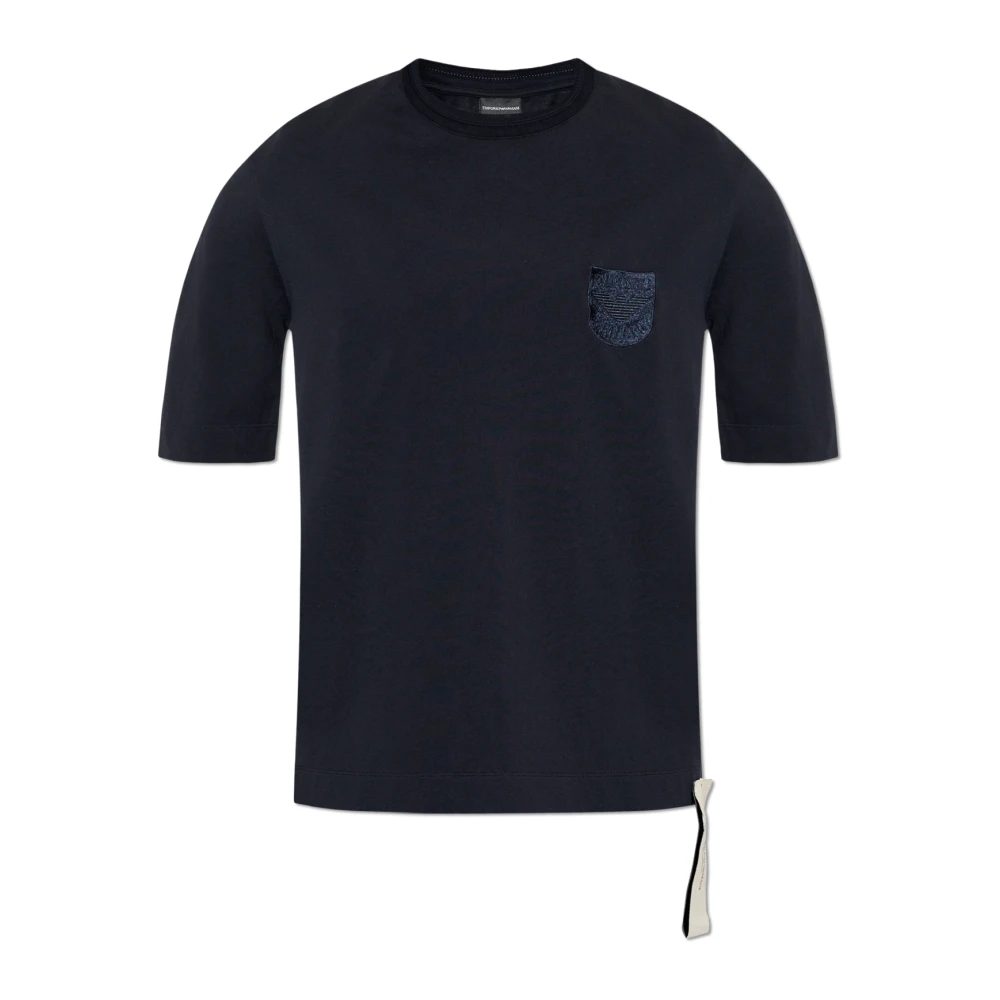 Emporio Armani Mannelijk Blauw Tops Heren, L, Katoen, Zwaar Jersey T-Shirt Met Schildborduursel