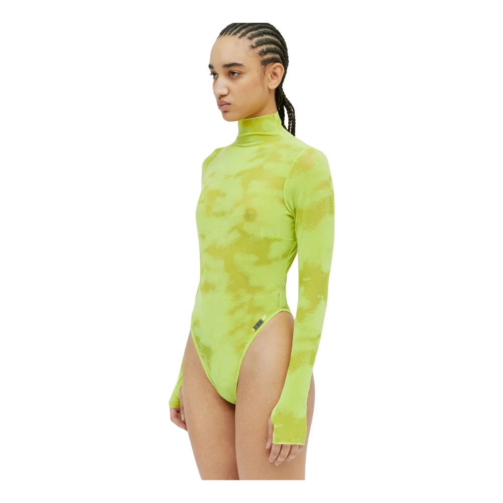 Diesel Mesh Longsleeve Bodysuit met Logo Patch Green Dames