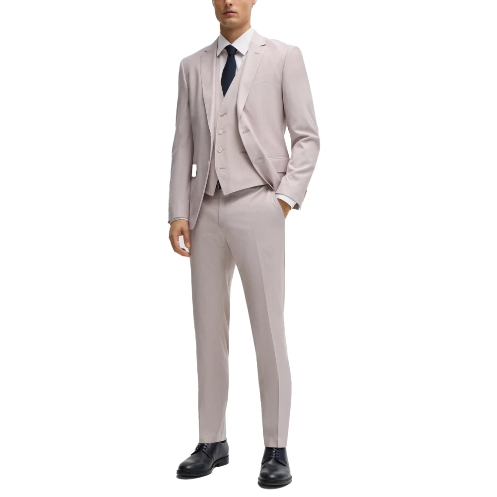 Hugo Boss Slim Fit Driedelig Wollen Pak Pink Heren