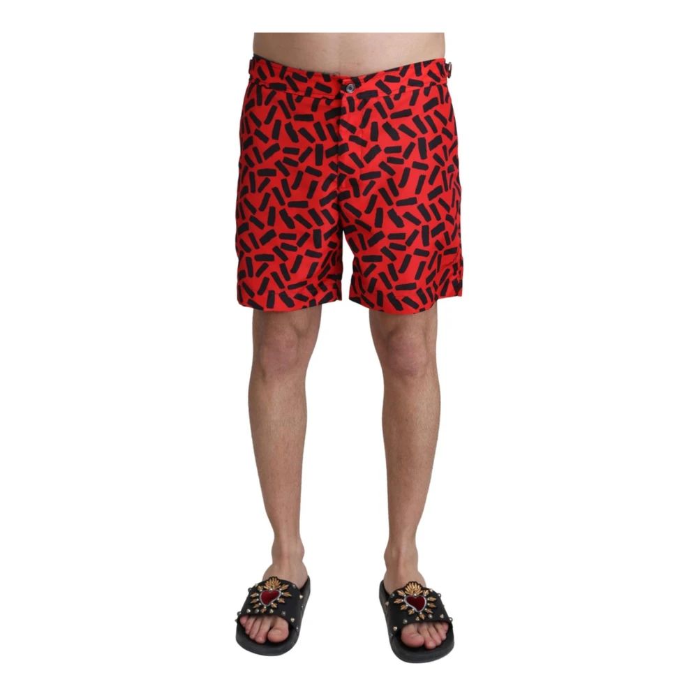 Dolce & Gabbana Men's Red Pattern Print Swim Trunks