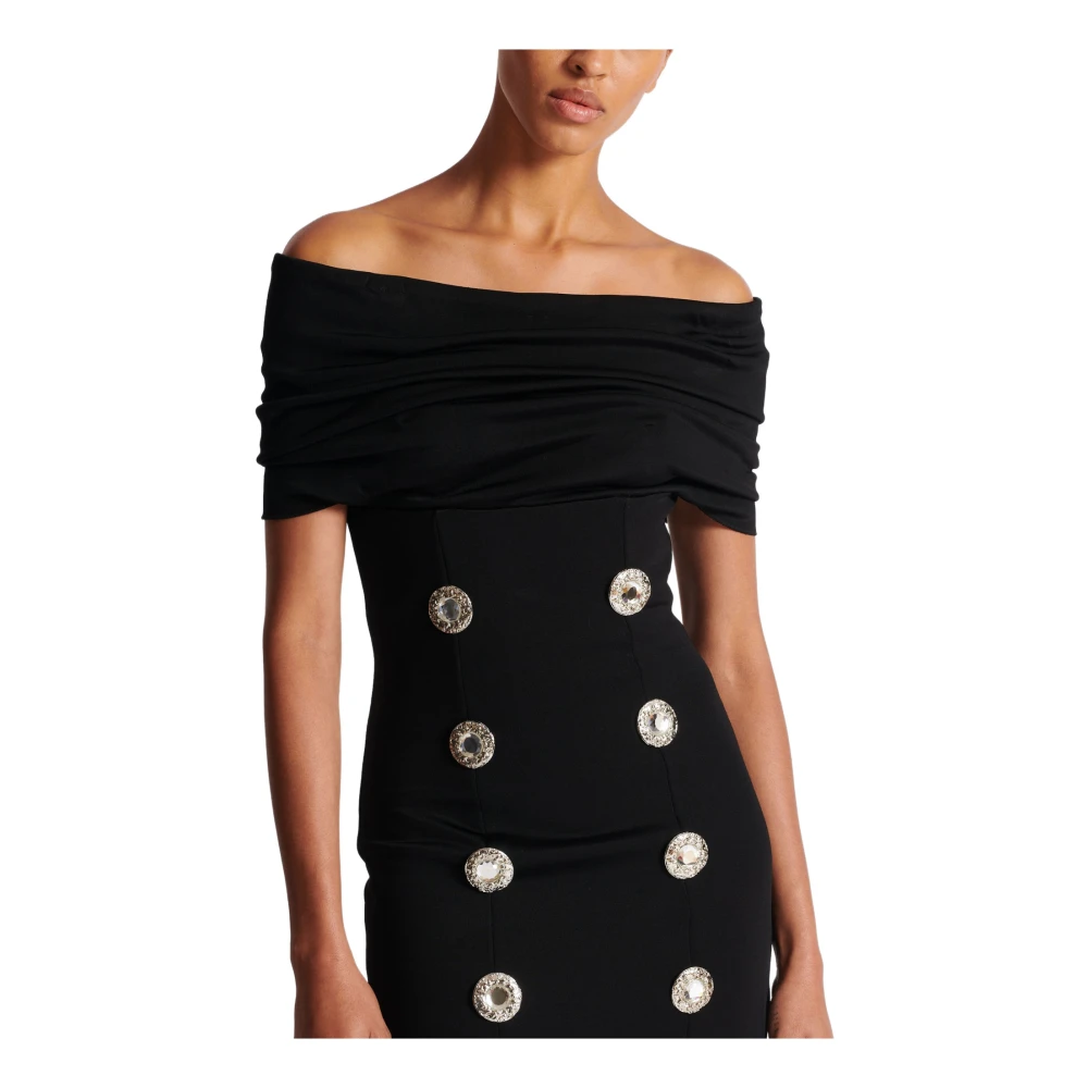 Balmain Off-Shoulder Jersey Jurk met Decoratieve Knoop Black Dames