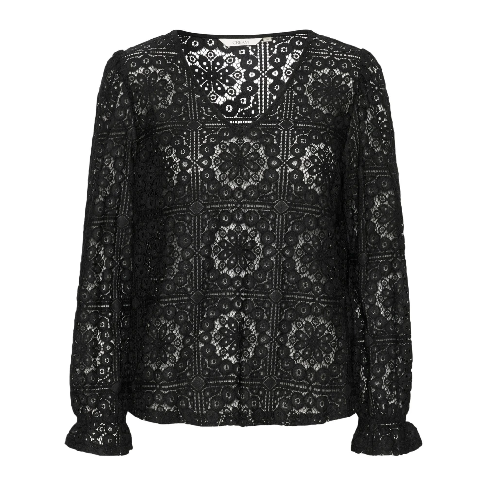 Cream V-hals Kant Blouse in Pitch Black Dames